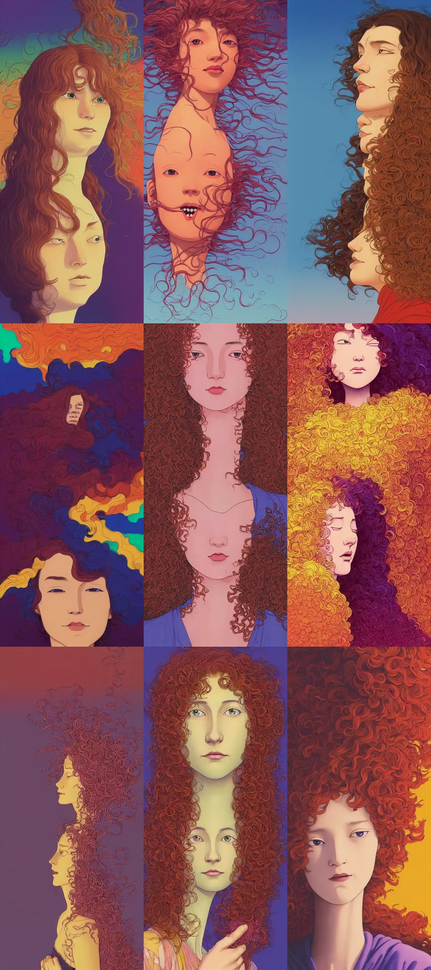 Prompt: a colorful vibrant closeup portrait of a simple caucasian woman with curly mid length brown hair with a calm afraid aesthetic face howls moving castle and dreaming psychedelic hair, by kawase hasui, moebius, edward hopper and james gilleard, zdzislaw beksinski, steven outram colorful flat surreal design, hd, 8 k, artstation