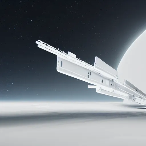 Image similar to two sleek white very long intricate spacecraft, no wings, highly detailed, photorealistic, cinematic, sci-fi, octane render, background of stars and galaxies