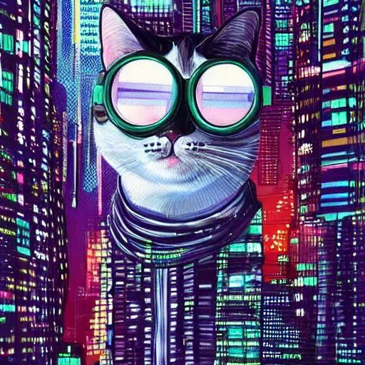 Image similar to a painting of a cat wearing goggles with a city in the background, cyberpunk art by hikari shimoda, trending on artstation, panfuturism, dystopian art, circuitry, sci - fi