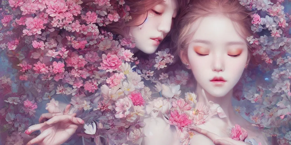 Prompt: breathtaking detailed concept art painting pattern blend of flowers and girls, by hsiao - ron cheng and soey milk, bizarre compositions, exquisite detail, pastel colors, 8 k