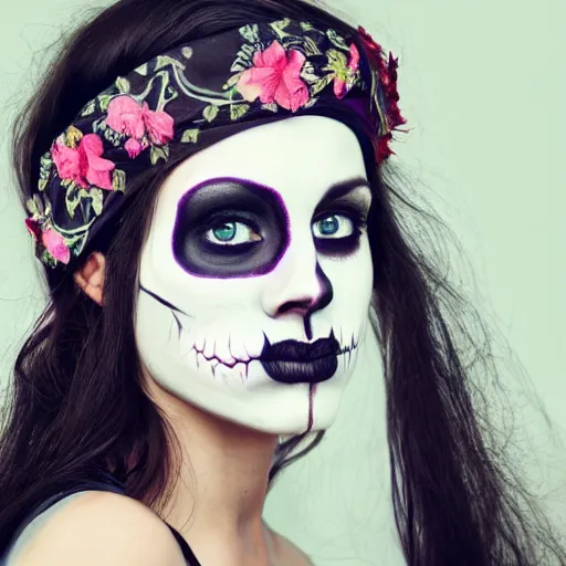 Image similar to a photorealistic portrait of a woman with a skull face paint and headband of flowers