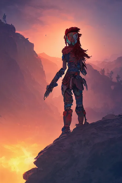 Image similar to combination suit armor aloy horizon forbidden west horizon zero dawn radiating a glowing aura global illumination ray tracing hdr fanart arstation by ian pesty and alena aenami artworks in 4 k tribal robot ninja mask helmet backpack