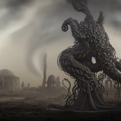 Image similar to Giant smoke monster coming out of the ground, thick swirling smoke, Nyarlathotep, Tentacles, mist, air particles, sandstorm, dramatic lighting, Byzantine ruins, surrounded by priests, worshipers, desert, cinematic, trending on artstation