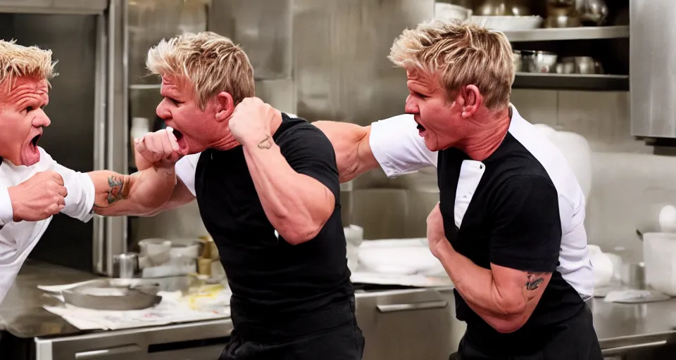 Image similar to photo of angry furious Gordon Ramsay punching Gordon Ramsay at the kitchen