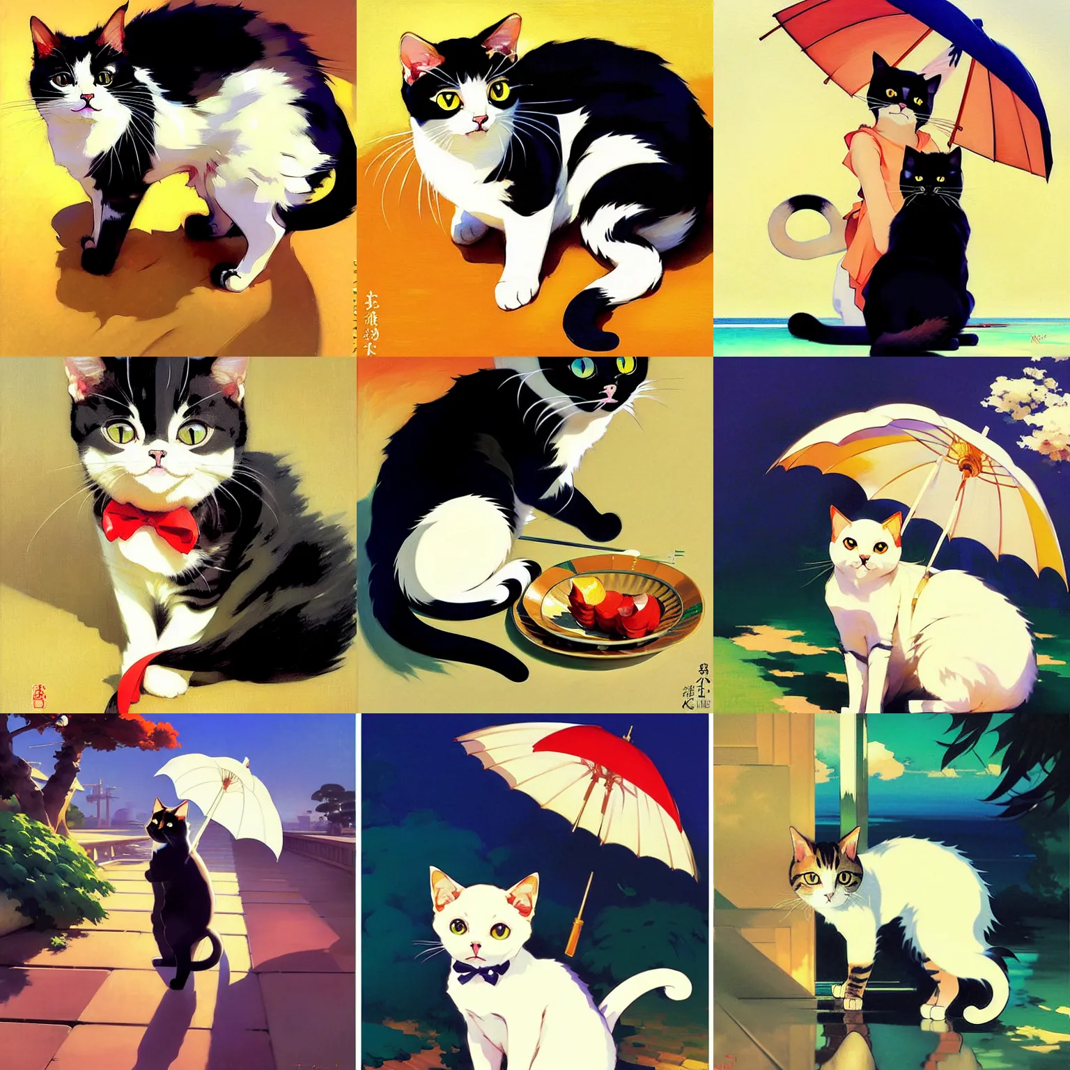 Prompt: a cute cat, by studio ghibli painting, by joaquin sorolla rhads leyendecker, an aesthetically pleasing, dynamic, energetic, lively, overlaid with aizome patterns, by ohara koson and thomas kinkade, traditional japanese colors, superior quality, masterpiece, sticker, vector art, full body, black background