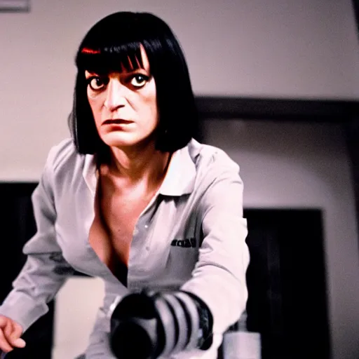 Prompt: movie still of cyborg mia wallace, cinematic composition, cinematic light, criterion collection, by quentin tarantino