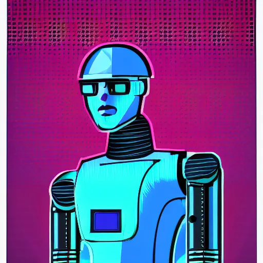 Image similar to a portrait of part man, part robot, in retro colors, synthwave style, 2 d digital vector art