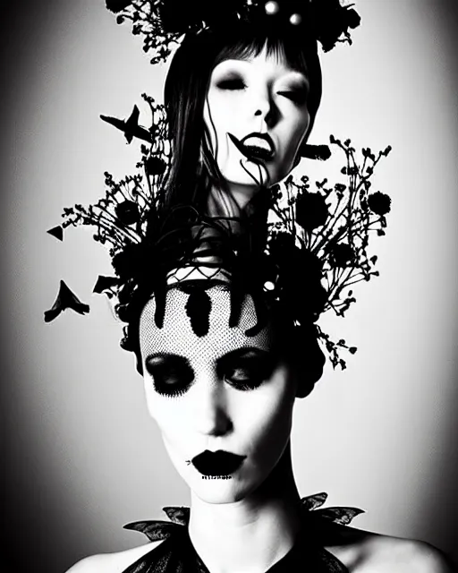 Image similar to dreamy surreal poetic black and white photo of a beautiful young female-cyborg-vegetal with a very long neck and a super big gothic lace collar filled with dead flies and a very high big floral crown with many black dry roses by Vivienne Westwood:: smoke, high fashion, haute couture, rococo, avant-garde, elegant, dreamy, hyper realistic, 150 mm lens, soft rim light, octane render, unreal engine, picture was taken in 1910 by Dora Maar, volumetric lighting, dramatic light,8k,