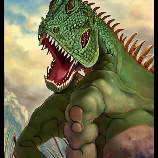 Prompt: a painting of a fantasy lizard man warrior by Studio Ghibli, highly detailed, anime