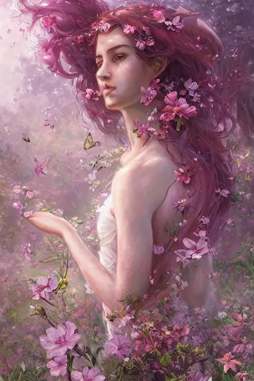 Prompt: a pink beautiful fairy with large wings and flowing hair and beautiful face is exploring her flower garden, art by greg rutkowski, extremely high detail and compexity, very intricate, full body portrait, soft lighting