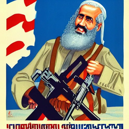 Image similar to islamic soviet propaganda poster of joe biden as osama bin laden in afghanistan