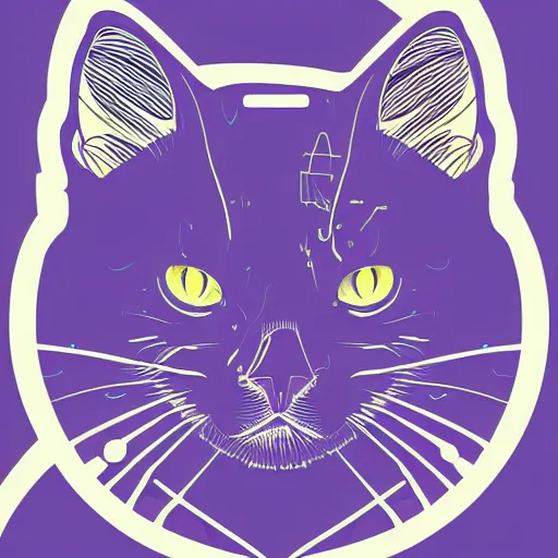 Image similar to a simplified vector based illustration about a cyberpunk kitten, centred face portrait, space colors, smooth and clean vector curves, no jagged lines