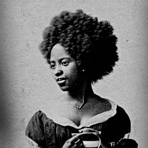 Prompt: afro woman on a cafe in paris, 1 8 0 0 s