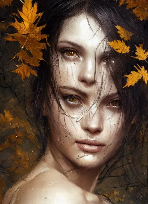 Prompt: golden leaves, creative composition for a book cover, moon, beautiful portrait painting by jeremy mann, a female witch absurdly beautiful, elegant, ultrafine hyperrealistic detailed face illustration by wlop and artgerm and greg rutkowski, intricate linework, sharp focus, smooth, octopath traveler, final fantasy, unreal engine, dramatic lighting, ethereal, 8 k