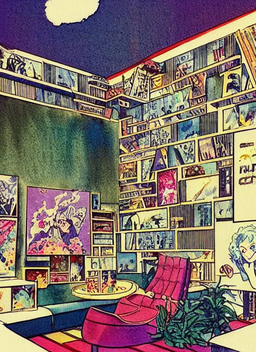 Image similar to vintage cinematic 7 0 s anime comic book watercolor of architecture design by victo nagi, composition by craig russel, 7 0 s mansion house party pintrest, pov perspective of maximalist botanical old shabby chic mansion living room filled with posters and shelves and nic nacs by enjolras delphin, ethereal soft and fuzzy glow, by cicely mary barker