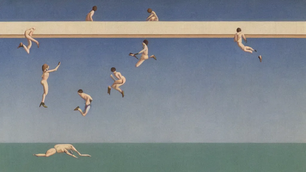 Prompt: A vintage scientific illustration from the 1970s of humans in a line endlessly jumping into a lake by René Magritte