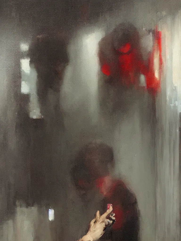 Prompt: a beautiful glitched oil painting of a man looking at his phone in a bathroom, by christian hook, color bleeding, brushstrokes by jeremy mann, cold top lighting