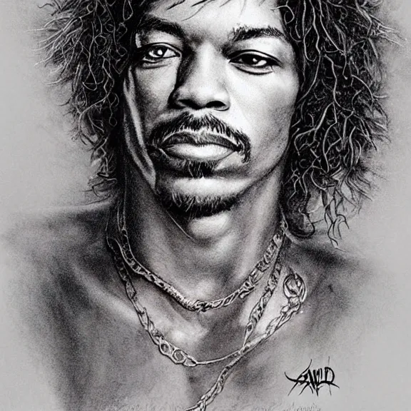 Prompt: a highly detailed portrait of jim ’ s hendrix in the style of luis royo.