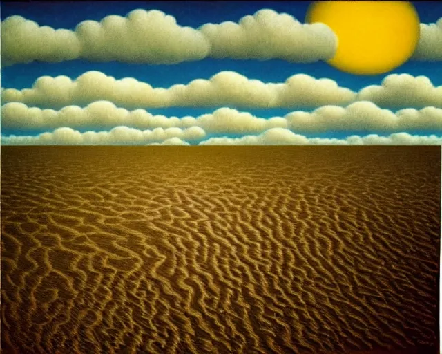 Prompt: magritte imagination. quicksand, desert sand. ancient gods of earth and rain ascend out of the ground. midnight rainstorm, bright floodlights, ancient prophecy. award winning, museum exhibit