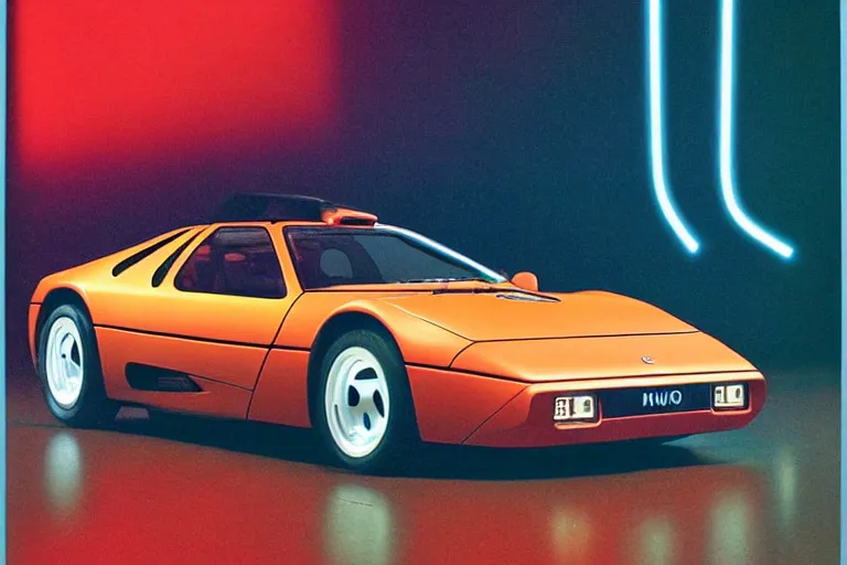 Prompt: designed by giorgetto giugiaro stylized poster of a single 1 9 9 1 miura citroen dm bmw m 1 ( ( mclaren f 1 ) ) delorean concept, thick neon lights, ektachrome photograph, volumetric lighting, f 8 aperture, cinematic eastman 5 3 8 4 film