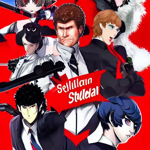 Prompt: will ferrell action portrait in the style of persona 5, atlus video game, video game cover featuring will ferrell, stylized anime art