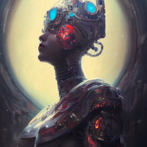 Image similar to a beautiful portrait of a robot goddess, a detailed painting by greg rutkowski and raymond swanland, featured on cgsociety, fantasy art, detailed painting, artstation hd, photorealistic