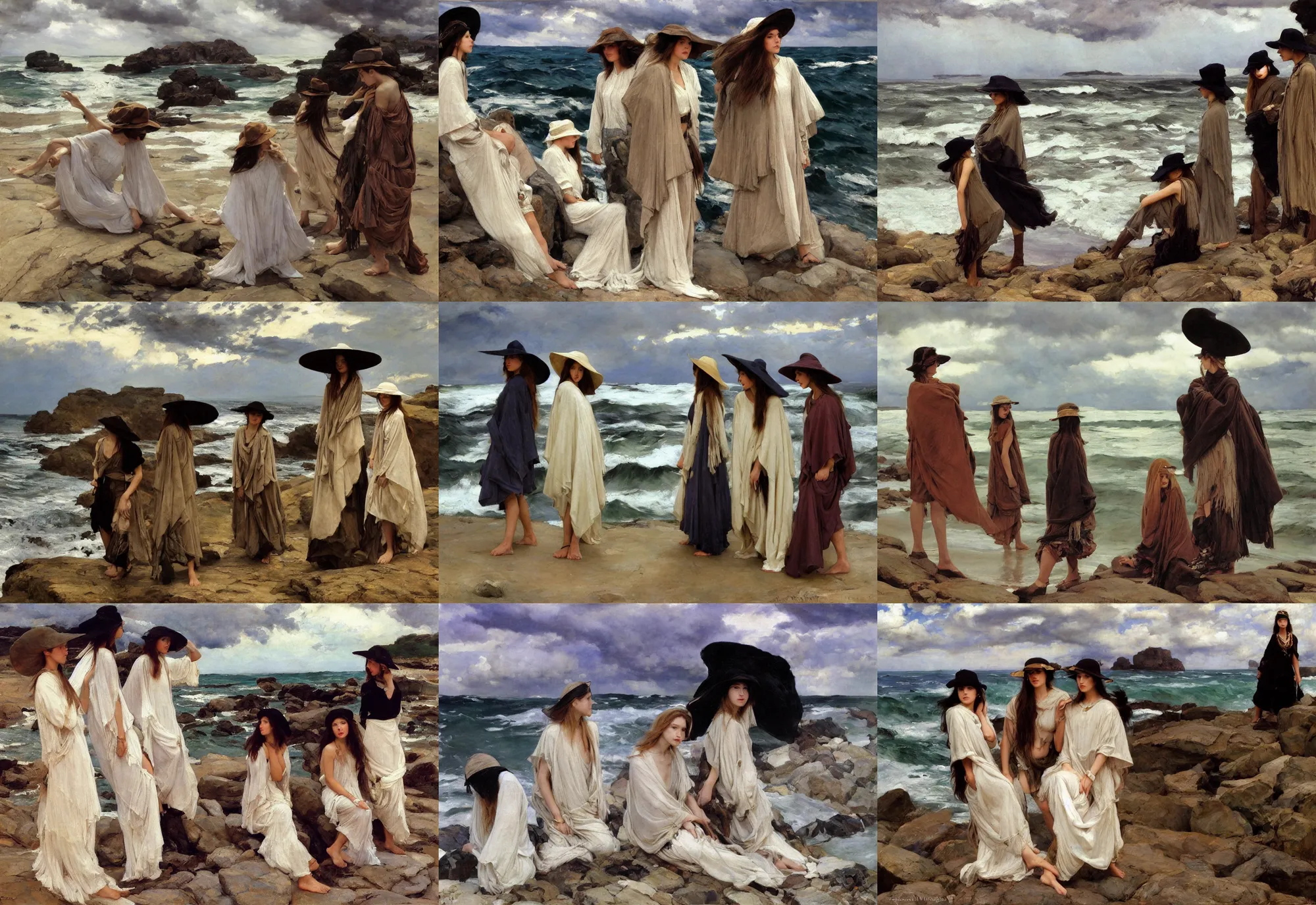 Image similar to dramatic light, thunder clouds in the sky, stormy sea by frederick judd waugh, simple form, brutal shapes, shaman, portrait of three of fashionable young womans wearing rich jewerly hat and boho poncho, pixiv, lying pose on stones, 1970s fashion, anime, studio ghiblil, artwork by Joaquin Sorolla and john william waterhouse and Denis Sarazhin and James Jean and klimt and rhads and van gogh and Dean Ellis and Detmold Charles Maurice