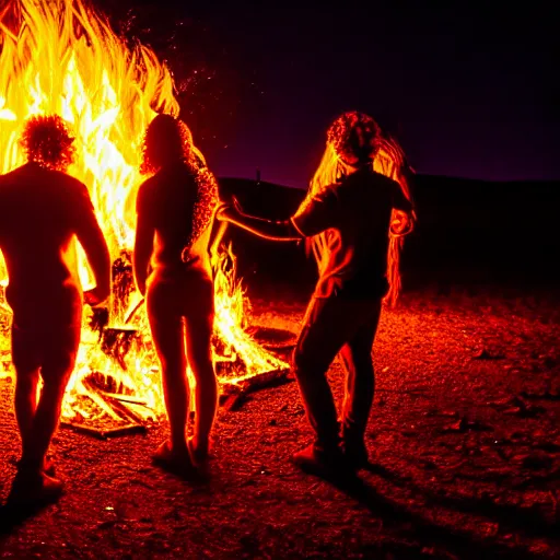 Image similar to photograph of three ravers photographed from behind, talking around a fire, photorealistic, dancefloor kismet, diverse costumes, clean composition, desert transition area, bonfire, night, australian desert, xf iq 4, symmetry, sony a 7 r, 1 5 0 mp, 5 0 mm