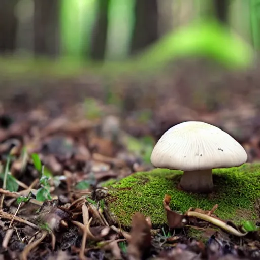 Prompt: nature photograph of a mushroom in the shape of an infant growing on the mossy forest floor