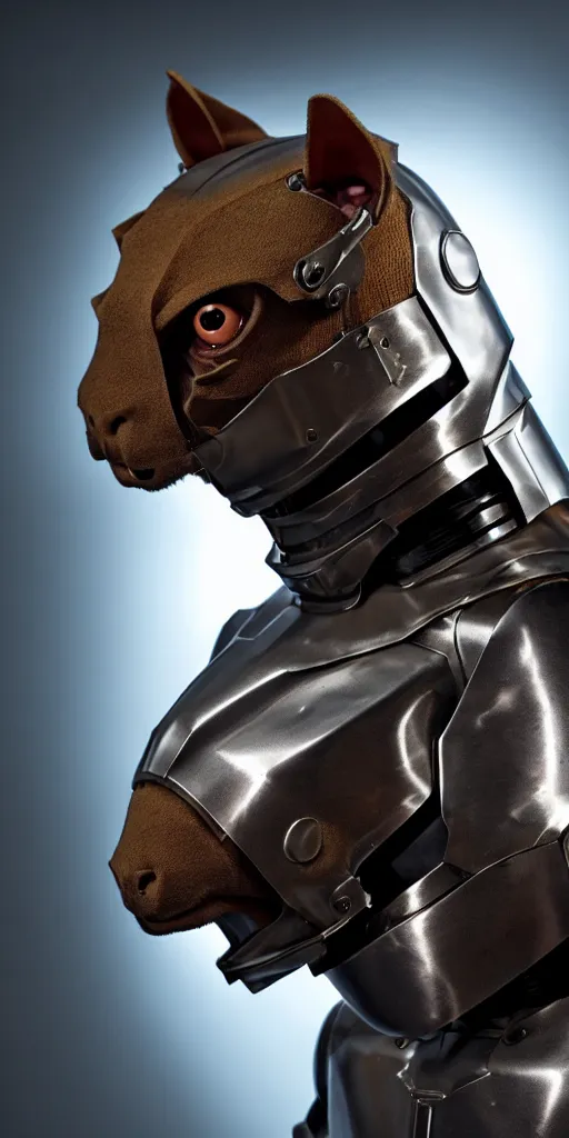 Prompt: an anthropomorphic humanoid capibara wearing a high tech sci - fi armored suit, with daring look on his face, cute and fierce, dramatic lighting, movie footage