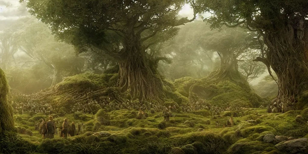 Image similar to Hobbits at Fangorn Forest in the evening, detailed matte painting, cinematic, Alan Lee, Artstation
