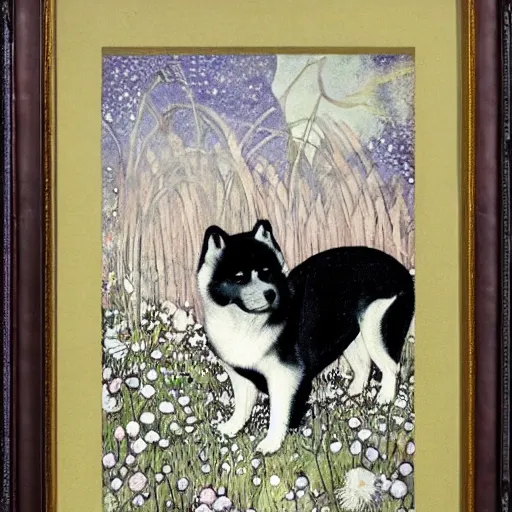 Image similar to an akita inu sitting in a moonlit field of flowers, by warwick goble and kay nielsen