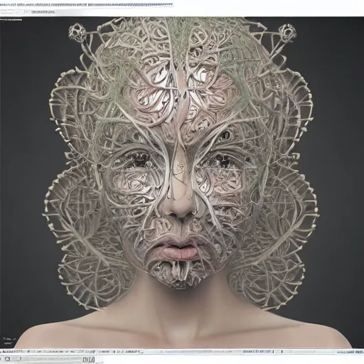 Image similar to beatifull frontal face portrait of a woman, 150mm, anatomical, flesh, flowers, mandelbrot fractal, symmetric, intricate, elegant, highly detailed, ornate, ornament, sculpture, elegant , luxury, beautifully lit, ray trace, octane render in the style of peter Gric and alex grey