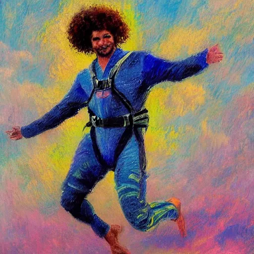 Prompt: egyptian man with curly hair, skydiving without a parachute, pastel clouds, impressionist painting, figurative painting, intricate details, happy