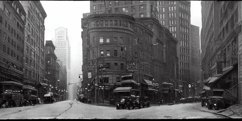 Image similar to a photo of 1 9 2 0 s downtown boston, dark, brooding, atmospheric, lovecraft