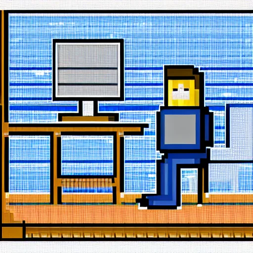 Image similar to pixel art of programmer in front of his computer station, pixel art, detailed, ideal symmetry, perfect pixel alignment, 8 k,