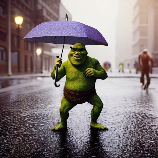 Prompt: shrek walking on the street while holding an umbrella on a rainy day, 3 d render, realistic