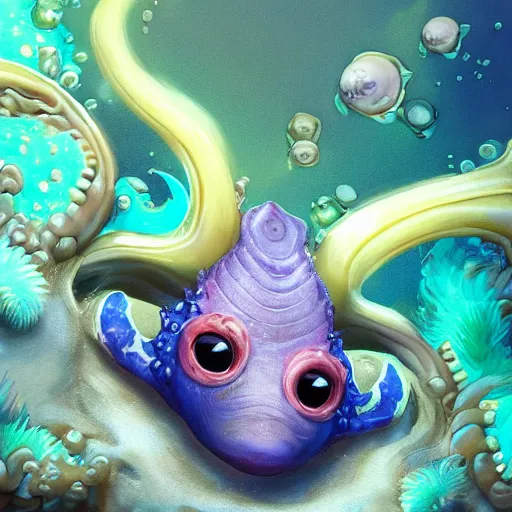 Image similar to close-up of a sea slug looking like fantasy characters with faces in its habitat, trending on artstation