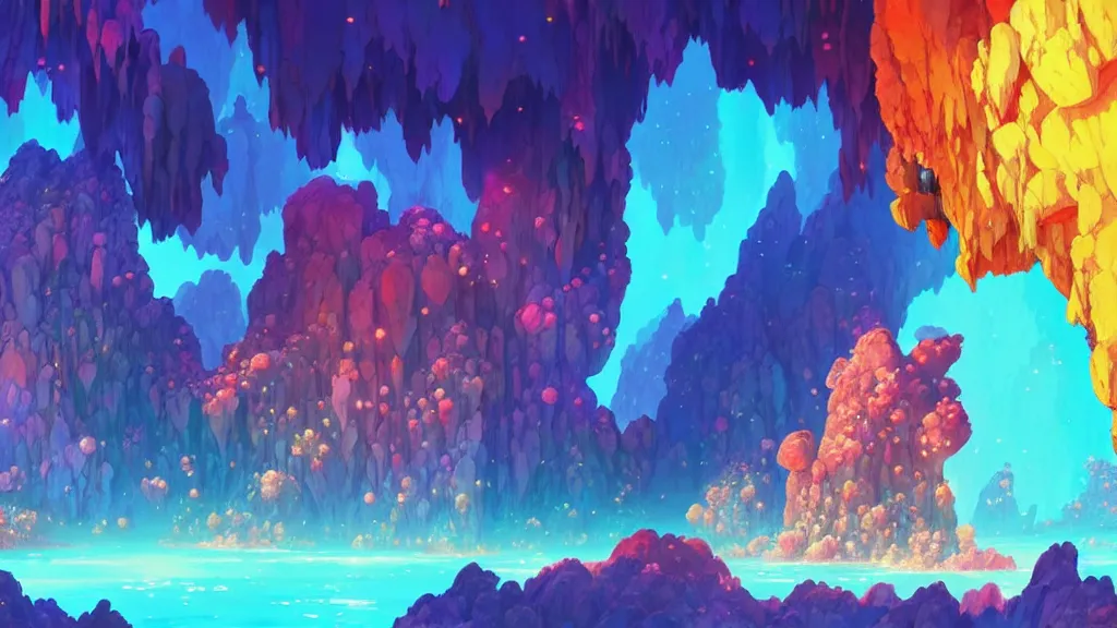 Image similar to colorful crystal cluster cave, studio ghibli, pixar and disney animation, sharp, rendered in unreal engine 5, highly detailed, digital painting, artstation, concept art, smooth, sharp focus, illustration, wide angle, artbook, wallpaper, splash art, promo art, dramatic lighting, art by artgerm and greg rutkowski and bo chen and jin xiaodi