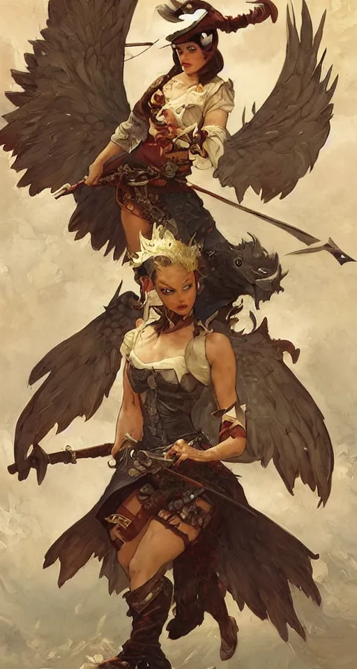 Image similar to anthropomorphic swan swashbuckling pirate with wings and a sword, Renowned character illustration by greg rutkowski, thomas kindkade, alphonse mucha, loish, norman rockwell. Trending on furaffinity.