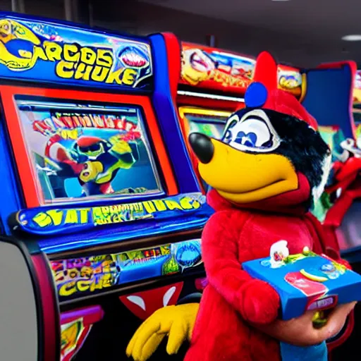 Image similar to professional photo of Chuck E. Cheese mascot, Avenger version, playing an arcade machine, high quality