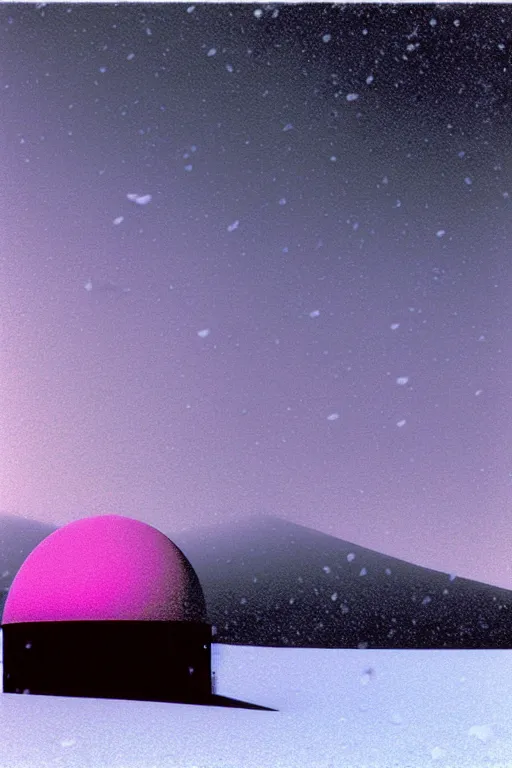 Image similar to emissary space by arthur haas and bruce pennington and john schoenherr, photo realism, cinematic matte painting, james turrell building in the mountains with falling snow, monochrome color palate, pink sunset,