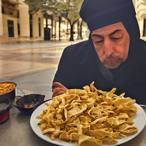 Image similar to Sultan Süleyman eating shawarma in Downtown DC, hyperrealism, HDR Shot, 16k