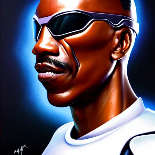 Image similar to epic painting of Cyberpunk Eddie Murphy as Beverly Hills Robocop, soft details, extremely detailed and coherent, matte painting oil on canvas by mark arian by artgerm, 4k, 8k, HD, trending on artstation