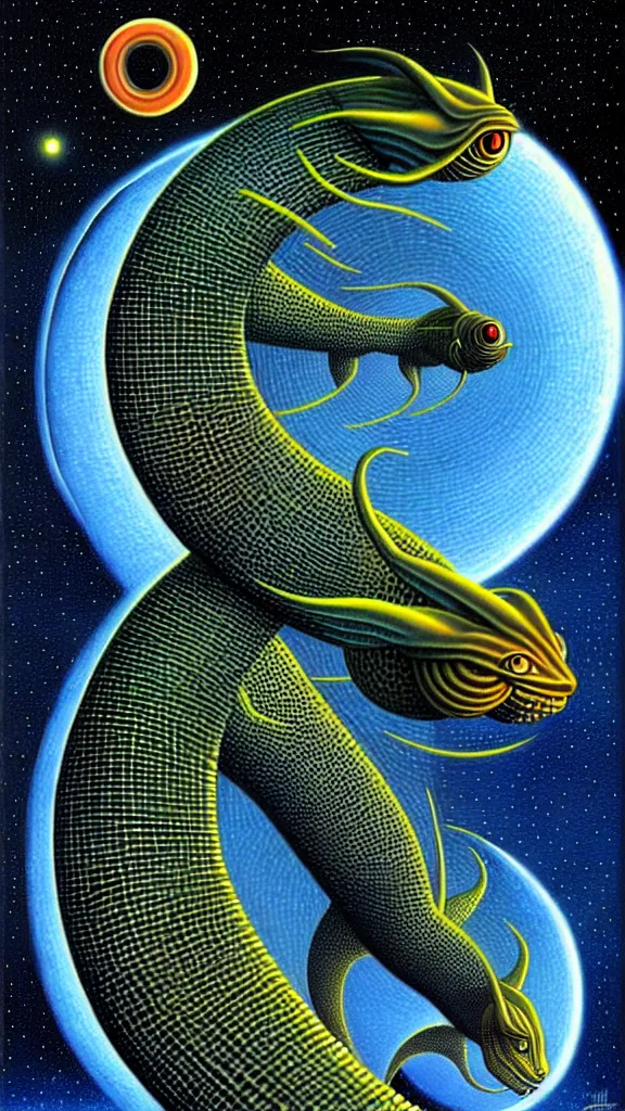 Prompt: a scifi illustration, roko's basilisk comes online by rafal olbinski