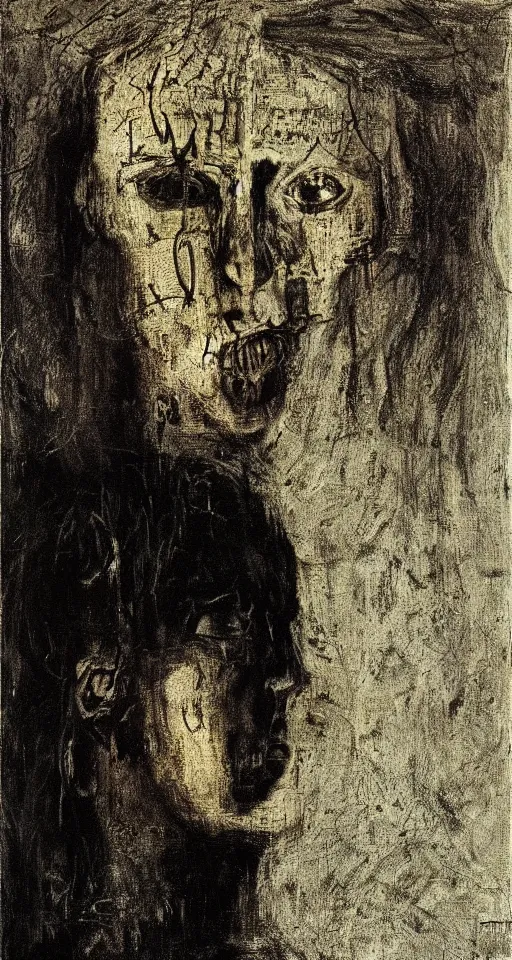 Image similar to human face by david caspar friedrich, hr giger, Jean-Michel Basquiat