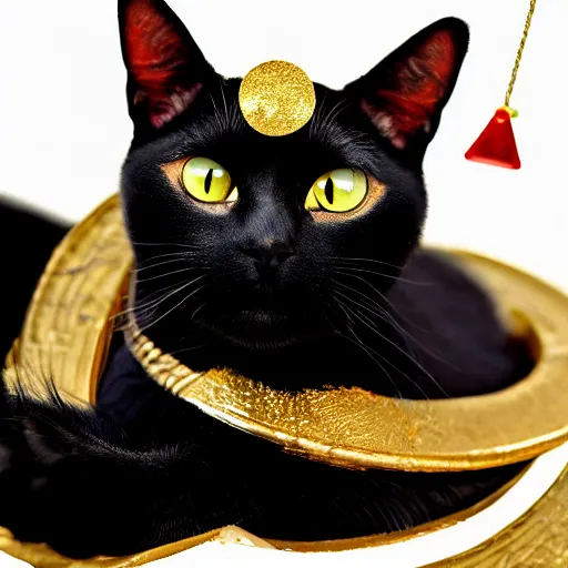 Image similar to a female black cat with red eyes and a gold crescent moon in her forehead