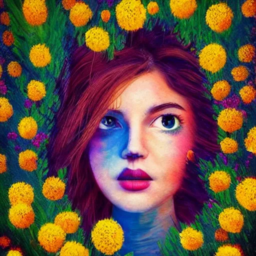 Image similar to girl with a enlarged up flower as a face, surreal photography, dream, standing in flower field, hills, big trees, sunrise dramatic light, impressionist painting, colorful clouds, digital painting, pointillism, artstation, simon stalenhag, flower face