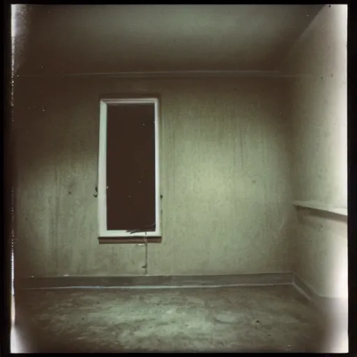 Prompt: dark concrete room with a tv on the ground inna dark doorway, creepy, eerie, old polaroid, expired film,