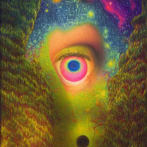 Image similar to psychedelic lush pine forest, outer space, milky way, amber eyes cat eyes designed by arnold bocklin, jules bastien - lepage, tarsila do amaral, wayne barlowe and gustave baumann, cheval michael, trending on artstation, star, sharp focus, colorful refracted sparkles and lines, soft light, 8 k 4 k